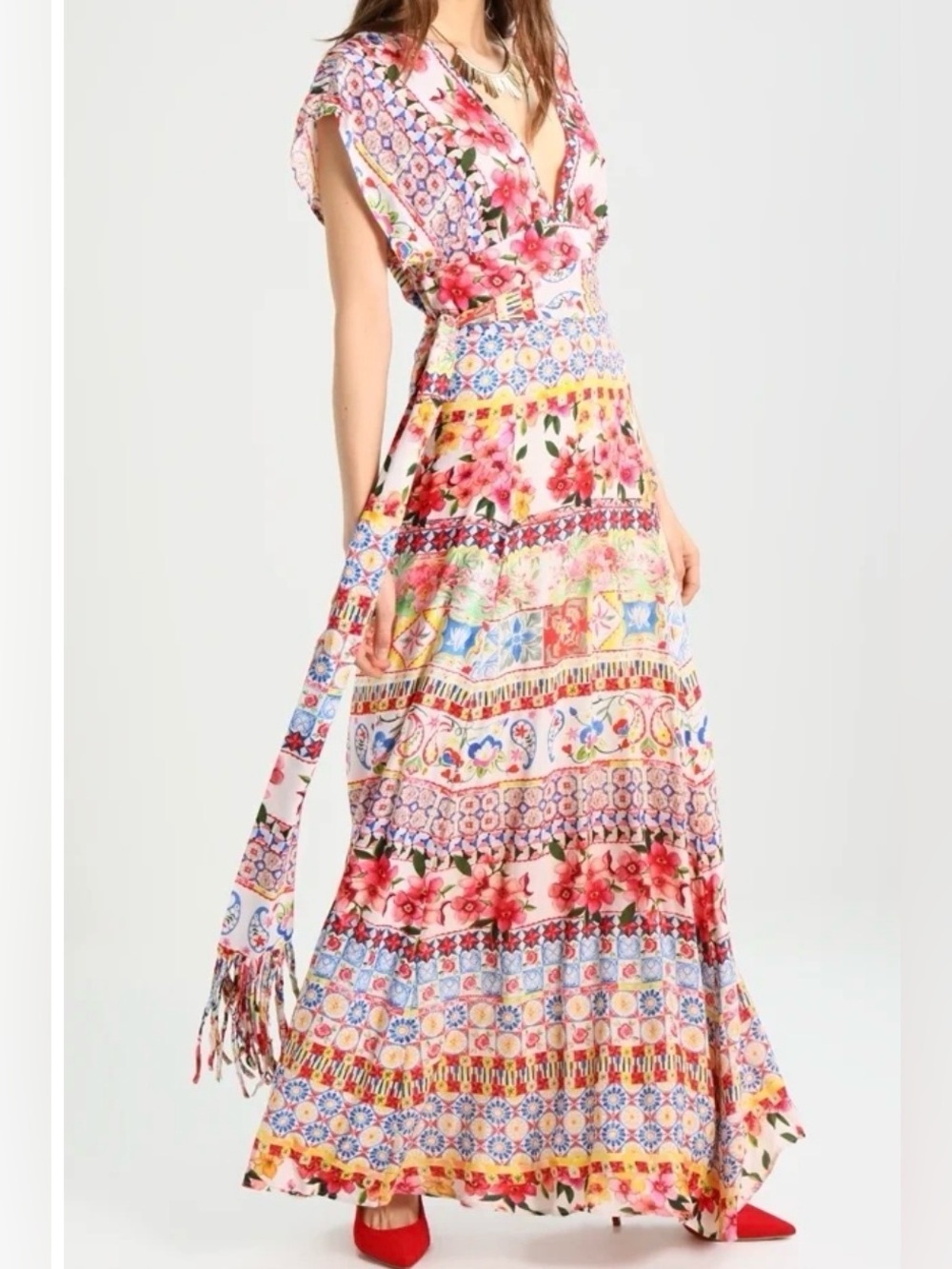 Desigual Brigitte Floral Multicolor Maxi Dress V-Neck Boho Fringe Size 42 US 10